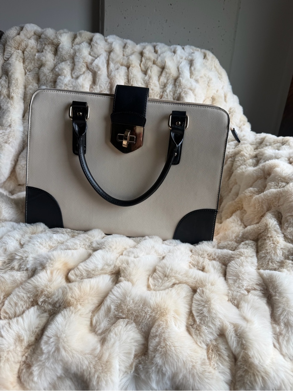 Aldo Cream and Black Satchel Handbag